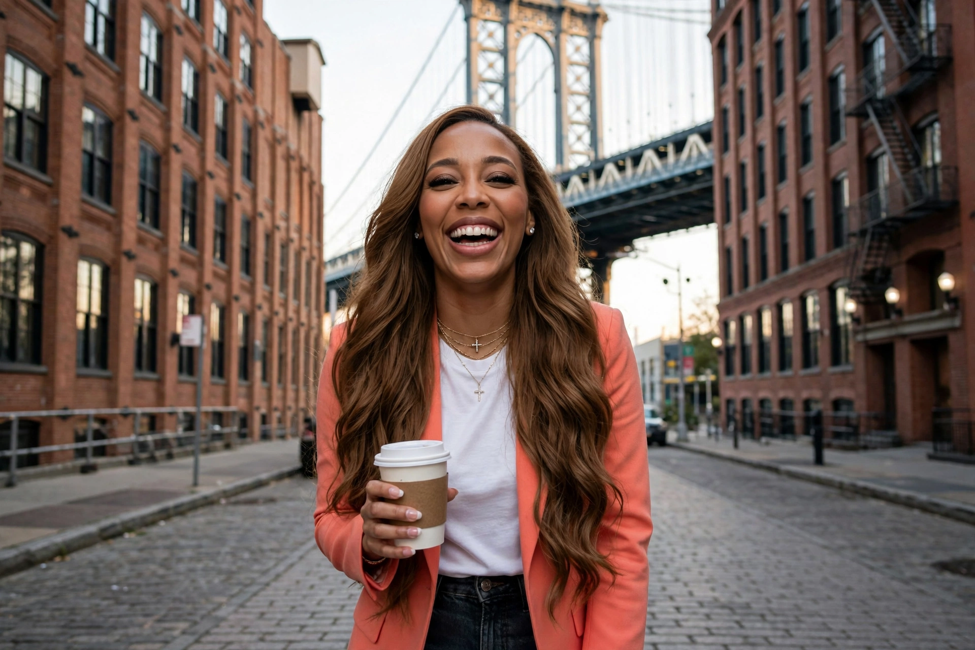 Gianna G. laughing on a cobblestone street in DUMBO, Brooklyn, the Manhattan Bridge behind her, coral blazer over a white tee, coffee in hand, long layered honey brown waves, diamond stud earrings