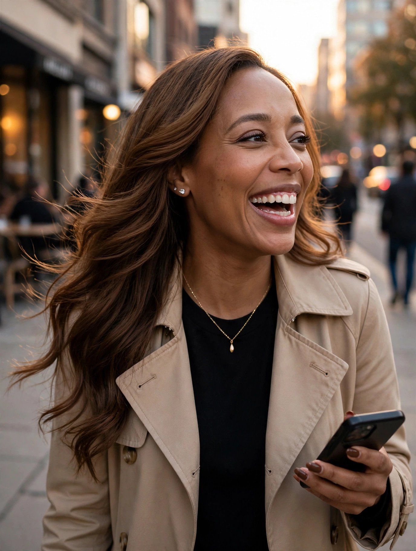 Gianna G. on a city street in a tan trench coat, long windblown wavy honey brown hair, laughing mid-conversation with her phone in hand, diamond stud earrings, delicate gold necklace