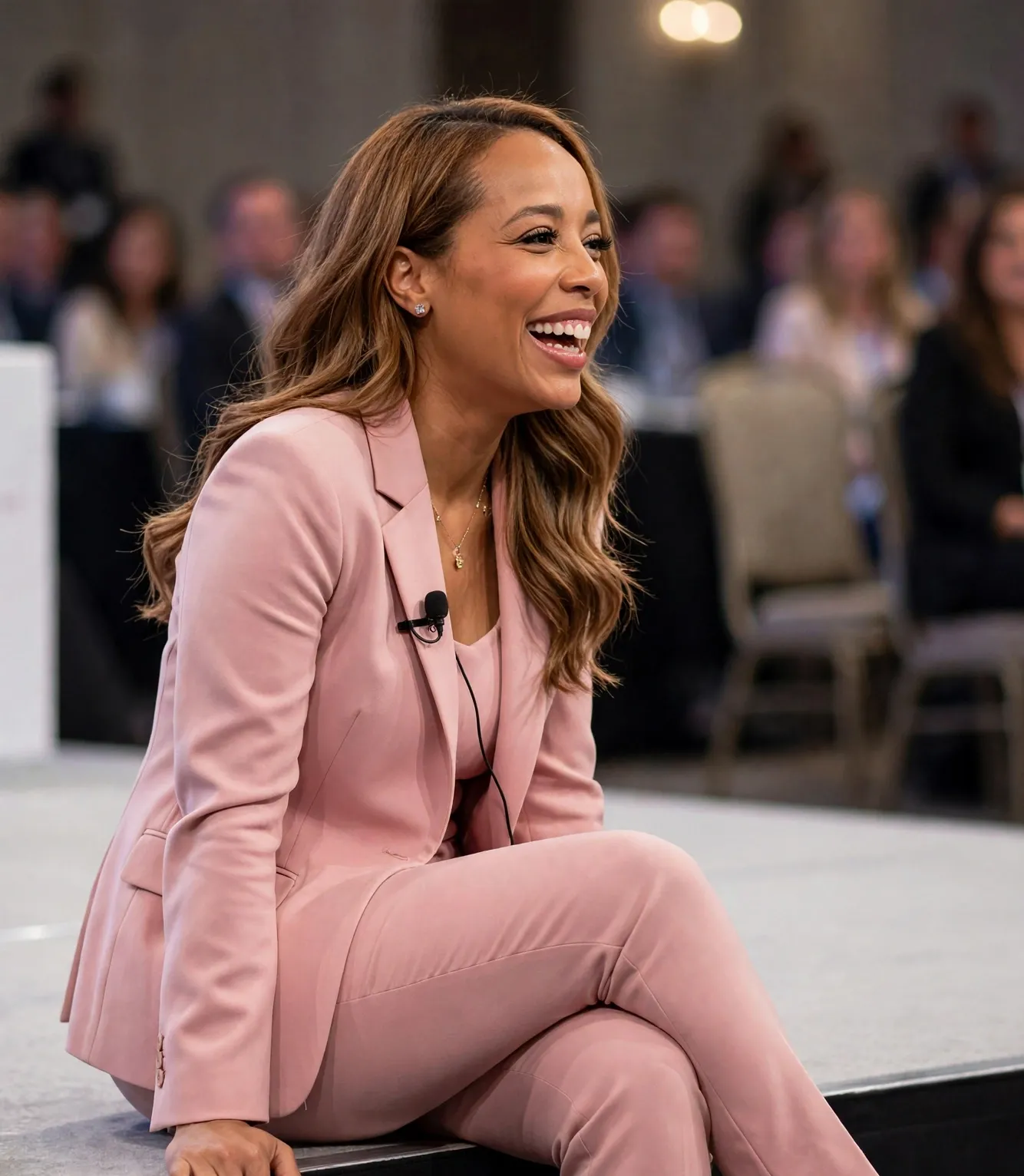 Gianna G. sitting casually on the edge of a conference stage in a soft pink suit, a lavalier microphone clipped to her blazer, laughing with the audience, diamond stud earrings, sheer nude-clear almond nails